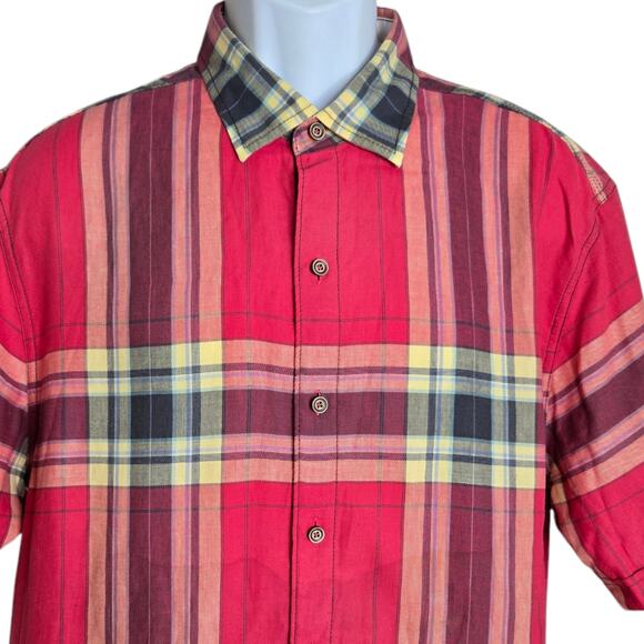 Tommy Bahama Relax Mens Plaid‎ Shirt Large Cotton Linen Blend Curved Hem - Picture 2 of 7